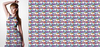 28013 Materiał ze wzorem malowane zwierzęta (karp koi) na tle z kolorowych pasów w stylu akwareli